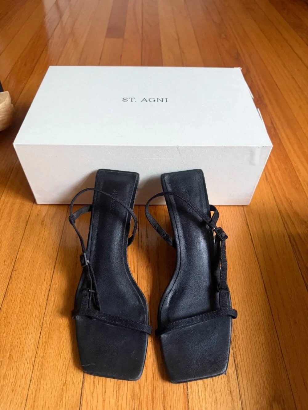 St. Agni Brasserie Wedge Black Leather Strappy Sandals Square Toe Heel